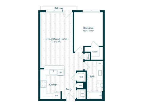 Floor plan for 1 bed, 1 bath, 701 sqft