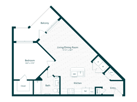 Floor plan for 1 bed, 1 bath, 757 sqft