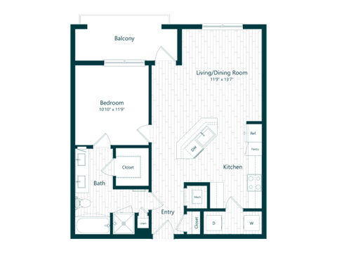 Floor plan for 1 bed, 1 bath, 804 sqft
