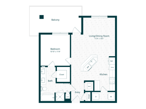 Floor plan for 1 bed, 1 bath, 817 sqft