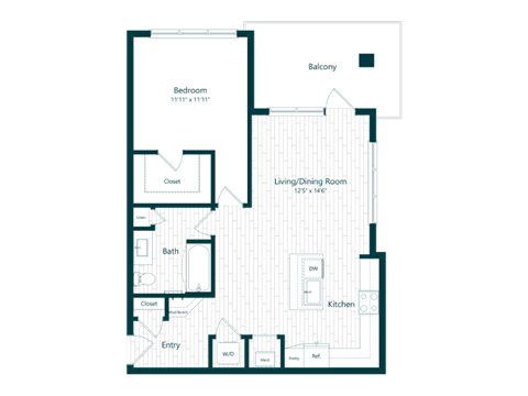 Floor plan for 1 bed, 1 bath, 813 sqft