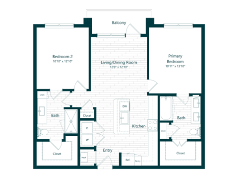 Floor plan for 2 beds, 2 baths, 1036 sqft