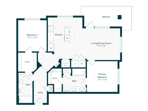 Floor plan for 2 beds, 2 baths, 1120 sqft