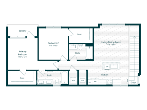Floor plan for 2 beds, 2 baths, 1148 sqft