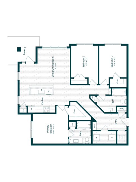 Floor plan for 3 beds, 2 baths, 1364 sqft