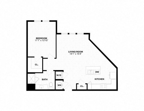 Floor plan for 1 bed, 1 bath, 839 sqft