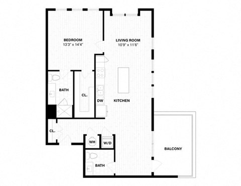 Floor plan for 1 bed, 1.5 baths, 1044 sqft