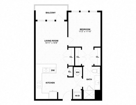 Floor plan for 1 bed, 1 bath, 724 sqft
