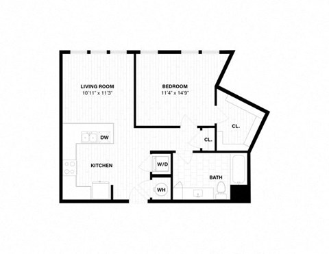 Floor plan for 1 bed, 1 bath, 739 sqft