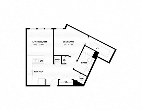 Floor plan for 1 bed, 1 bath, 740 sqft