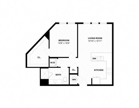 Floor plan for 1 bed, 1 bath, 765 sqft