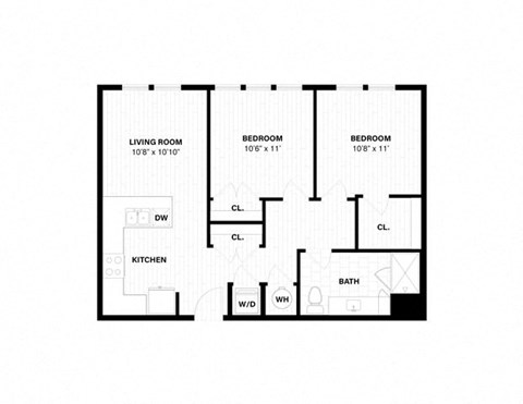 Floor plan for 2 beds, 1 bath, 848 sqft