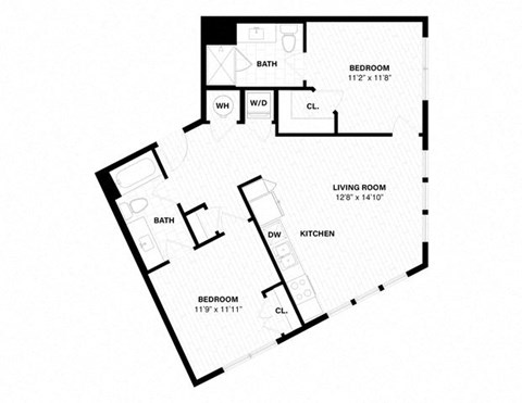 Floor plan for 2 beds, 2 baths, 898 sqft