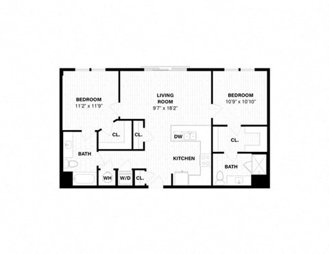 Floor plan for 2 beds, 2 baths, 1075 sqft