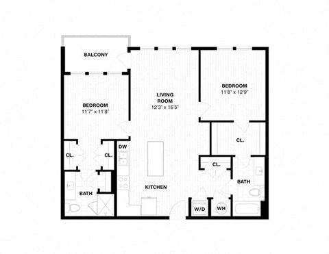 Floor plan for 2 beds, 2 baths, 1091 sqft