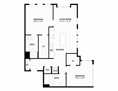 Floor plan for 2 beds, 2 baths, 1162 sqft