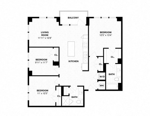 Floor plan for 3 beds, 2 baths, 1342 sqft