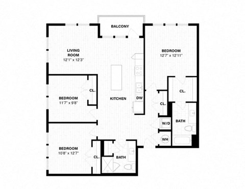 Floor plan for 3 beds, 2 baths, 1367 sqft