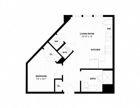 Floor plan for 1 bed, 1 bath, 524 sqft