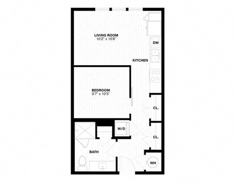 Floor plan for 1 bed, 1 bath, 569 sqft