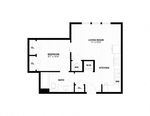 Floor plan for 1 bed, 1 bath, 584 sqft