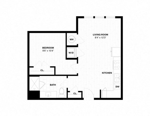Floor plan for 1 bed, 1 bath, 621 sqft