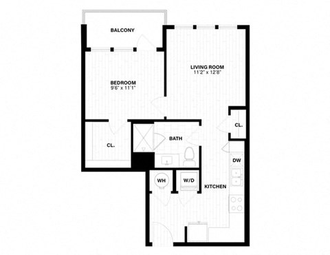 Floor plan for 1 bed, 1 bath, 627 sqft