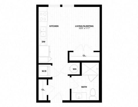 Floor plan for studio, 1 bath, 383 sqft