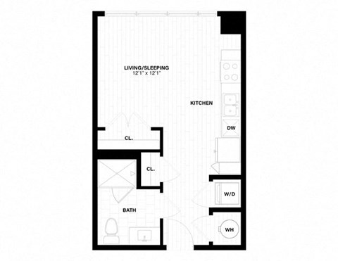 Floor plan for studio, 1 bath, 438 sqft