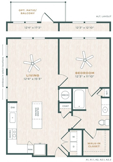 Floor plan for 1 bed, 1 bath, 784 sqft