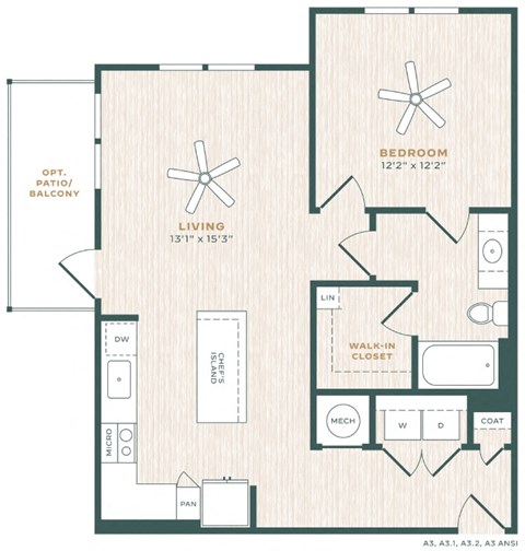 Floor plan for 1 bed, 1 bath, 829 sqft
