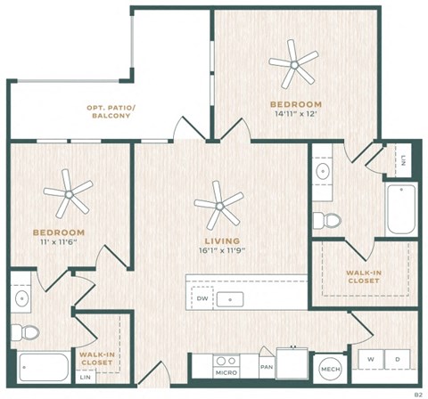Floor plan for 2 beds, 2 baths, 1085 sqft