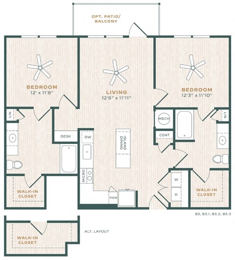 Floor plan for 2 beds, 2 baths, 1125 sqft