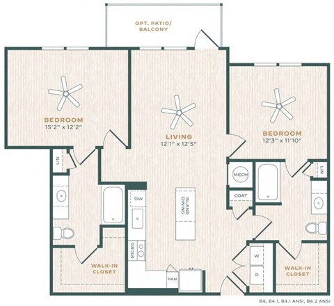 Floor plan for 2 beds, 2 baths, 1165 sqft
