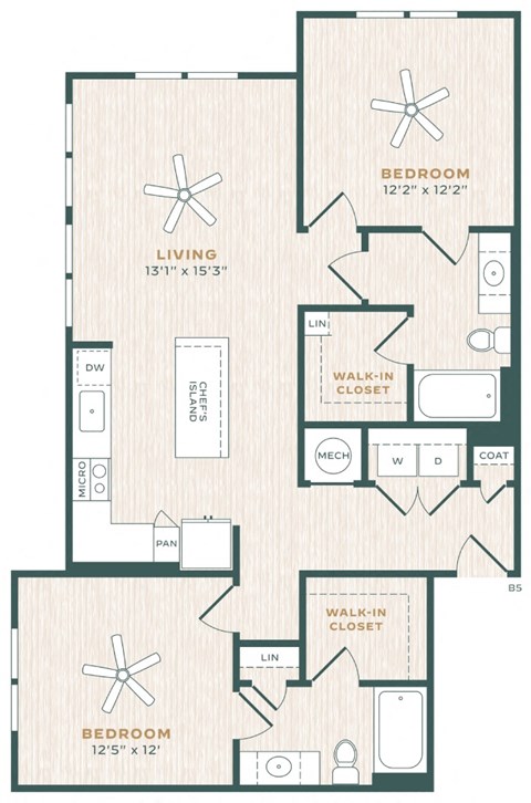 Floor plan for 2 beds, 2 baths, 1138 sqft