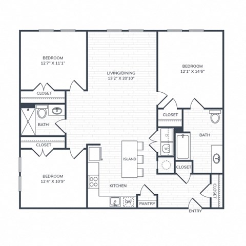 Floor plan for 3 beds, 3 baths, 1233 sqft