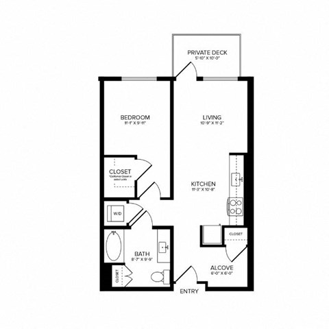 Floor plan for 1 bed, 1 bath, 715 sqft
