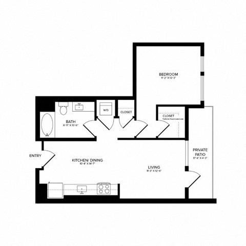 Floor plan for 1 bed, 1 bath, 717 sqft