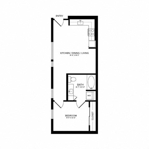 Floor plan for 1 bed, 1 bath, 611 sqft