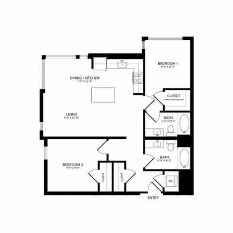 Floor plan for 2 beds, 2 baths, 1112 sqft