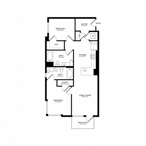 Floor plan for 2 beds, 2 baths, 1063 sqft