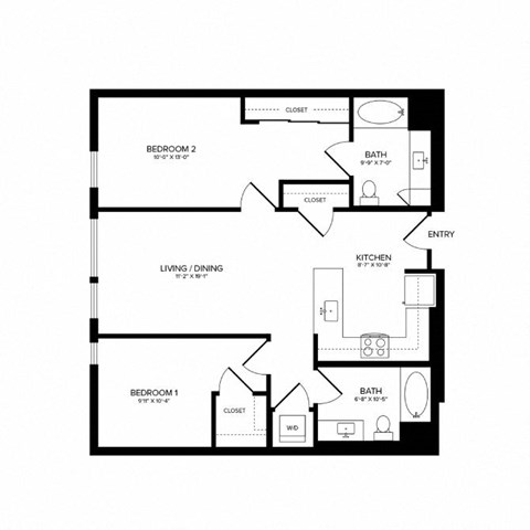 Floor plan for 2 beds, 2 baths, 1043 sqft