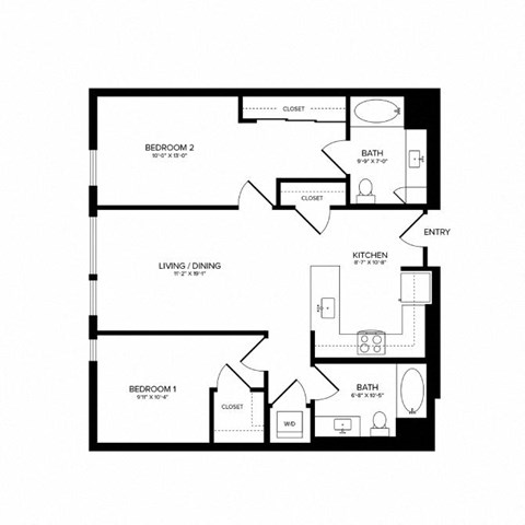 Floor plan for 2 beds, 2 baths, 1121 sqft