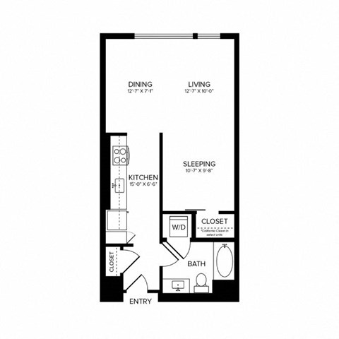 Floor plan for studio, 1 bath, 637 sqft