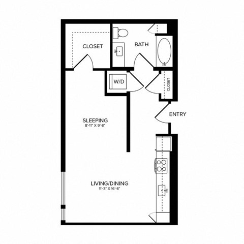 Floor plan for studio, 1 bath, 590 sqft