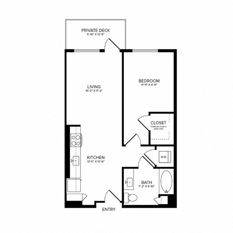 Floor plan for 1 bed, 1 bath, 715 sqft