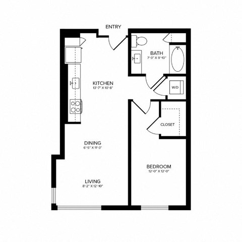 Floor plan for 1 bed, 1 bath, 733 sqft