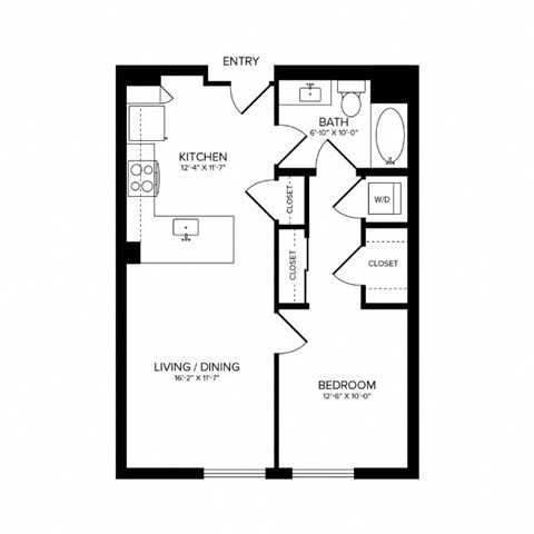 Floor plan for 1 bed, 1 bath, 739 sqft