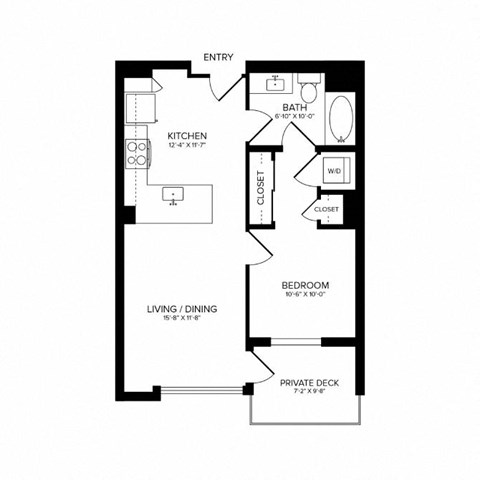 Floor plan for 1 bed, 1 bath, 673 sqft