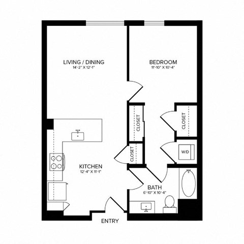 Floor plan for 1 bed, 1 bath, 711 sqft